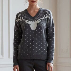 J.Crew Gray & White Reindeer Merino Wool Blend Sweater - Small